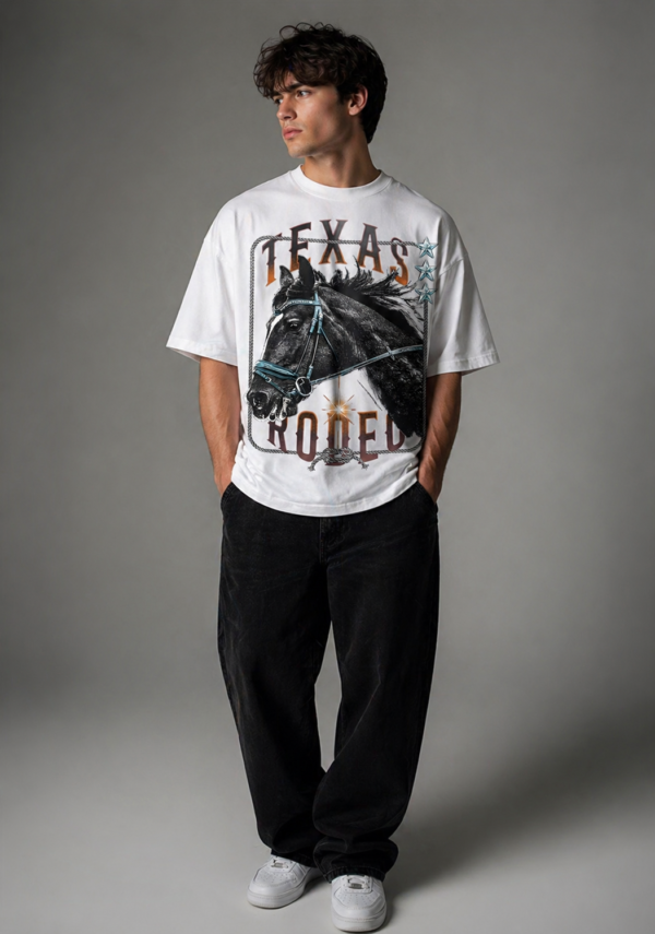 TEXAS RODEO HORSE GRAPHIC OVERSIZED WHITE T-SHIRT